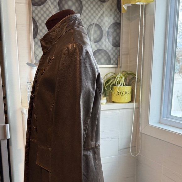 Brown Military Style Leather Jacket with Gold Buttons Size 10 - Picture 10 of 13
